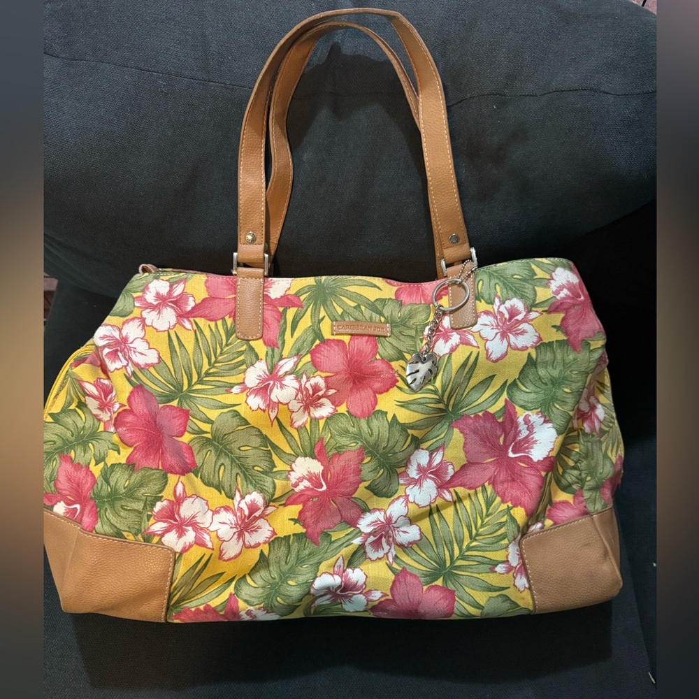 Caribbean Joe Floral Tote Bag Tropical Tan travel duffle carryon